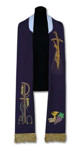 Étole liturgique violette brodée.
