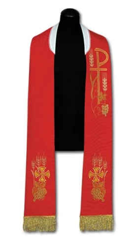 Étole liturgique rouge brodée.