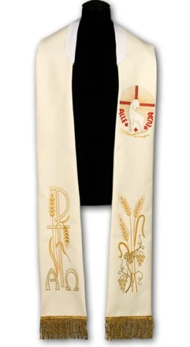Étole liturgique blanche brodée.